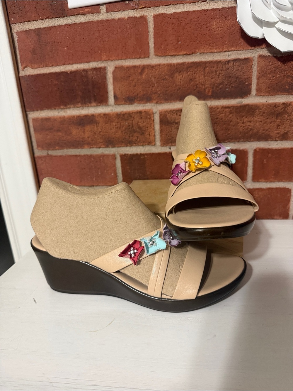 Italian Shoemakers Nude Wedge Sandals with Multicolor Flower Accents